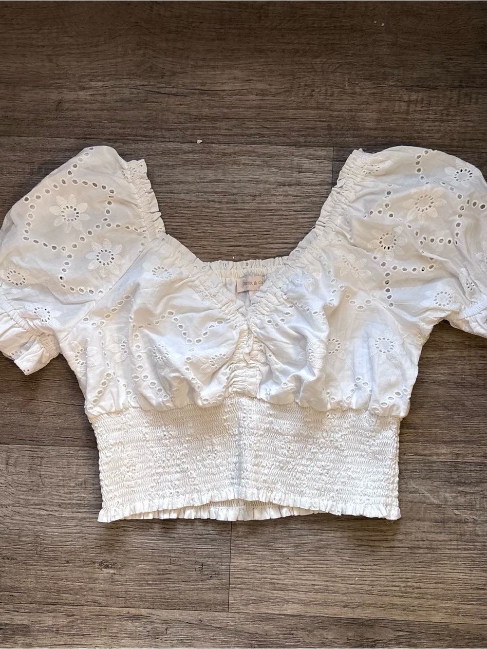 Jenifer & Grace White Eyelet Cotton Puff Sleeve Smocked CropTop Cottagecore Boho